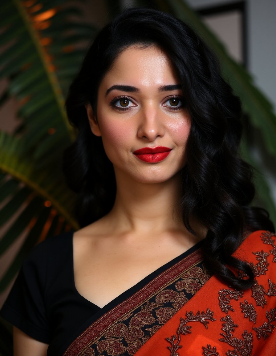 TamannaFlux,<lora:TamannaFluxV1:1.3>,Beautiful cute girl,black hair,blue eyes red lips,soft skin ,black dress ,with hippy TamannaFlux,<lora:TamannaFluxV1:1.3>, portrait of woman in a saree.