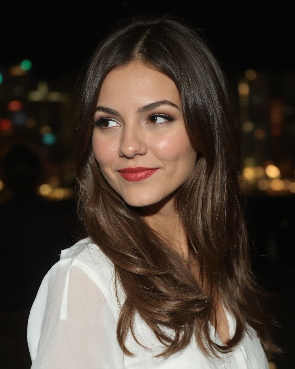 A portrait of victoria_justice captured in a side profile. She has long,  wavy brown hair and wears a white blouse. The wo...