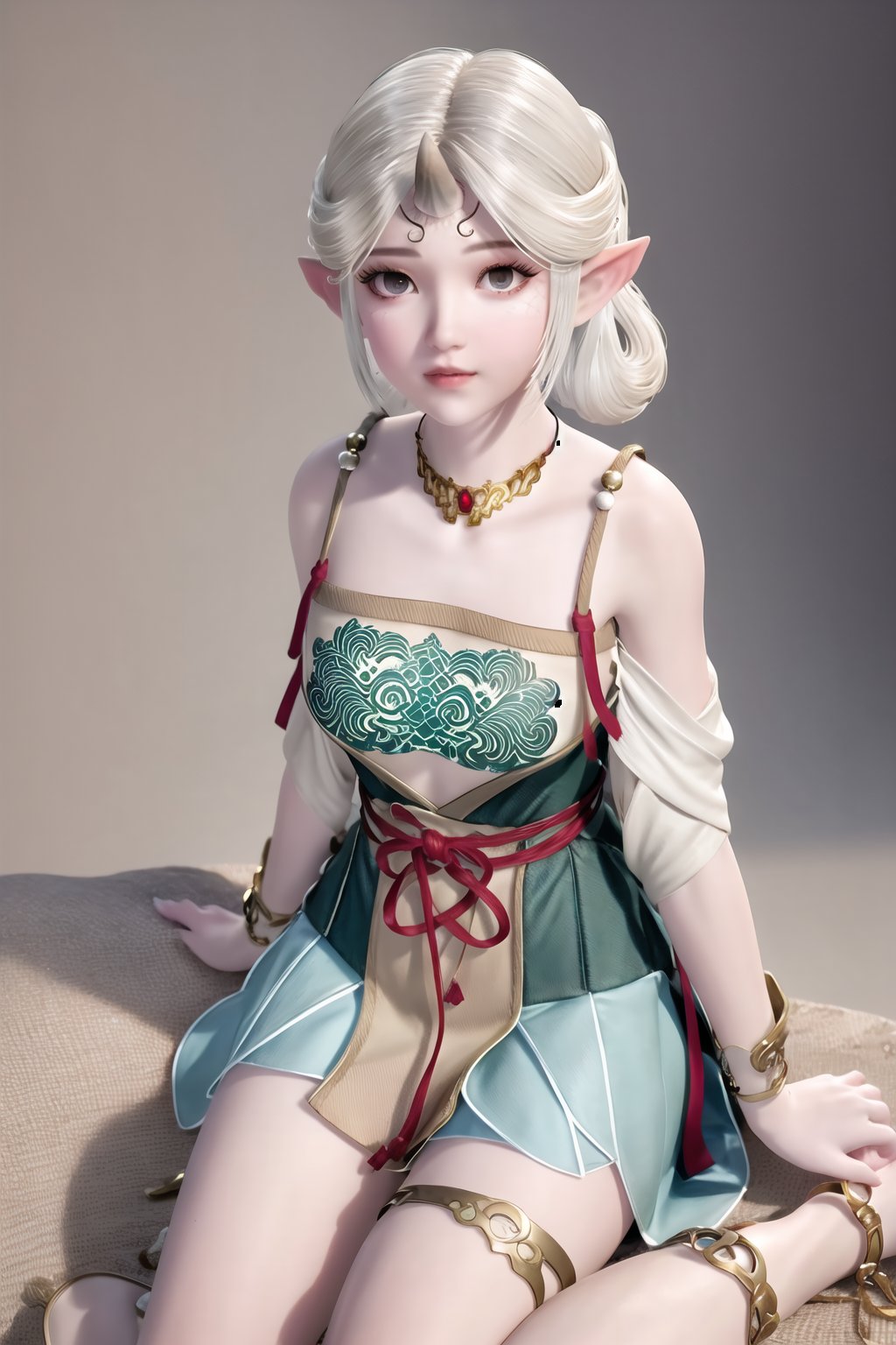 (8k, RAW photo, best quality, masterpiece:1.2),(realistic, photorealistic:1.3), ultra-detailed, extremely detailed cg 8k wallpaper,(crystalstexture skin:1.2), extremely delicate and beautiful, pointy_ears, 1girl, elf, solo, thigh_strap, jewelry, necklace, bare_shoulders, simple_background,(full shot), (breasts, medium breasts,  cleavage), looking_at_viewer, sitting, full body, 