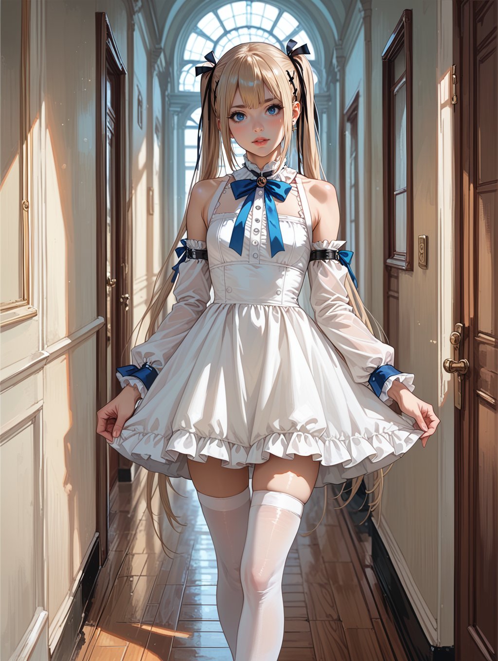 score_9, score_8_up, score_7_up,source_anime, marie rose, white dress, blue ribbons, white thighhighs, ornate, hallway,