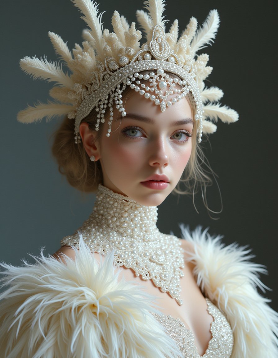 a photo shoot in the style of Alessio Balbi, a portrait of a beautiful girl with porcelain skin, mother-of-pearl hair gathered in an elaborate comb decorated with pearls and feathers, ral-feathercoat, a complex detailed dress decorated with mother-of-pearl sequins, Haute couture, amorphous figures with a holagrophic effect fly in the air, powerful imagery, Hyperdetailed photorealism, (Masterpiece), best quality, (ultra-detailed) cinematic, high resolution, detailed, 4k , 8k, masterpiece, 1girl, perfectly flat chest, tiny perky tits