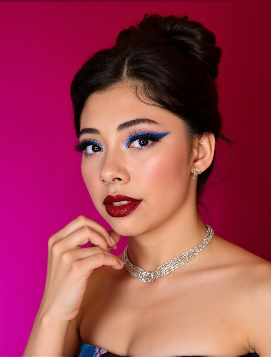 This is a high-resolution photograph of a young woman with fair skin and light brown hair styled in an elegant updo. She has striking makeup that includes bold, glittery blue eyeshadow with sharp black winged eyeliner, and her lips are coated in shiny, dark red lipstick. She wears a silver nose ring and a sparkling choker necklace that adds a glamorous touch to her outfit. Her eyebrows are well-groomed, and her eyelashes are heavily mascaraed, giving her a dramatic, eye-catching appearance. The background is a gradient of pink and red, enhancing the vivid colors of her makeup. Her expression is slightly tilted to the right, with her right hand gently touching her cheek, adding a touch of sensuality to the image. The lighting is soft but highlights the shimmering textures of her makeup and jewelry. The overall aesthetic is a blend of modern glam and edgy fashion, emphasizing bold, eye-catching elements.,Xochitl Gomez,<lora:Xochitl_Gomez:1>