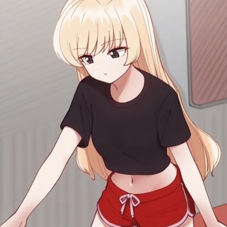 1girl, solo, long hair, bangs, blonde hair, shirt, navel, short sleeves, shorts, midriff, black shirt, t-shirt, red shorts, dolphine shorts