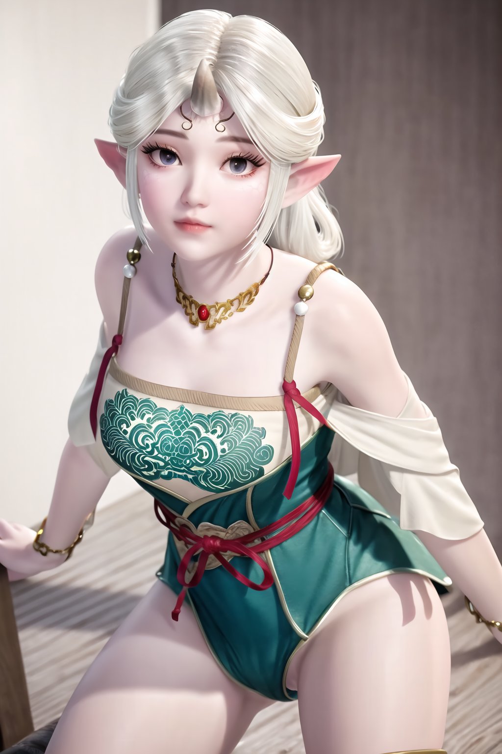 (8k, RAW photo, best quality, masterpiece:1.2),(realistic, photorealistic:1.3), ultra-detailed, extremely detailed cg 8k wallpaper,(crystalstexture skin:1.2), extremely delicate and beautiful, pointy_ears, 1girl, elf, solo, thigh_strap, jewelry, necklace, bare_shoulders, simple_background,(full shot), (breasts, medium breasts,  cleavage), looking_at_viewer, standing, spread legs,