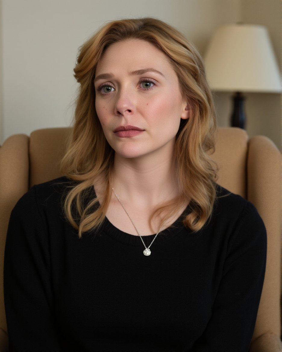 This is a high-resolution photograph of a young woman with a fair complexion and shoulder-length, wavy blonde hair that frames her face. She has striking blue eyes and a natural, light makeup look that enhances her features. Her expression is calm and slightly contemplative, with a subtle smile on her lips. She is wearing a simple, black, long-sleeved top made of a soft, textured fabric. Around her neck, she has a delicate silver necklace with a small, round pendant.The background of the image is softly blurred, suggesting that the photograph was taken indoors, possibly in a well-lit room. Behind her, there is a beige upholstered chair and a classic table lamp with a cream-colored shade, which adds a touch of warmth to the scene. The overall color palette of the image is neutral, with the focus on her natural beauty and the simplicity of her attire.The lighting is soft and natural, likely coming from a window on the left side of the image, which casts a gentle glow on her face and highlights her hair. The composition of the photograph is well-balanced, with the woman centered and the background softly out of focus, drawing attention to her serene and elegant appearance.,,Elizabeth Olsen,<lora:Elizabeth Olsen_Flux_V1:1>