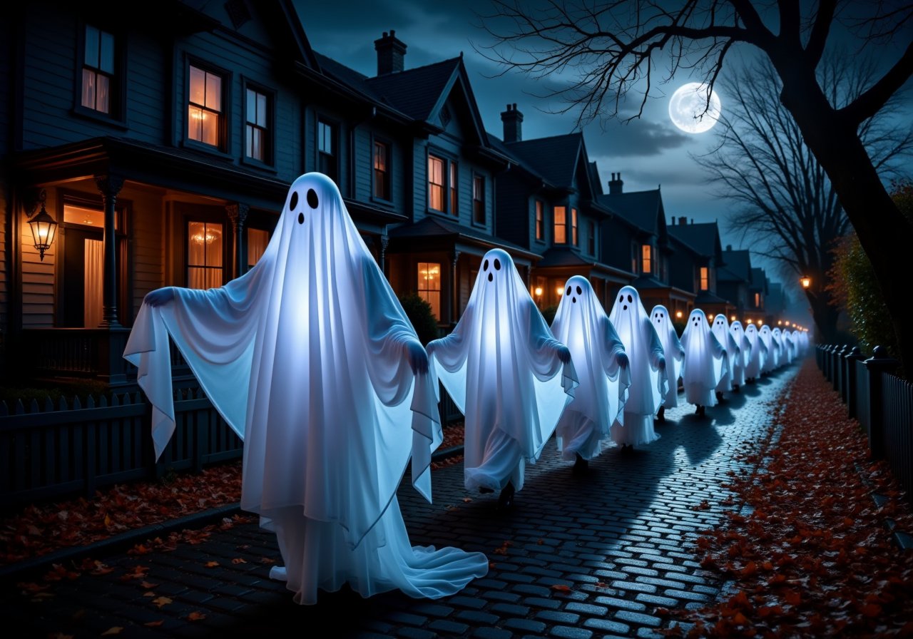 A ghostly procession on a moonlit street: In the dead of night, a group of ethereal ghosts glides down a cobblestone street. The pale glow of their bodies contrasts with the darkened houses behind them. Silent and graceful, they float in a line, their forms barely disturbing the fallen leaves as they move through the Halloween night.