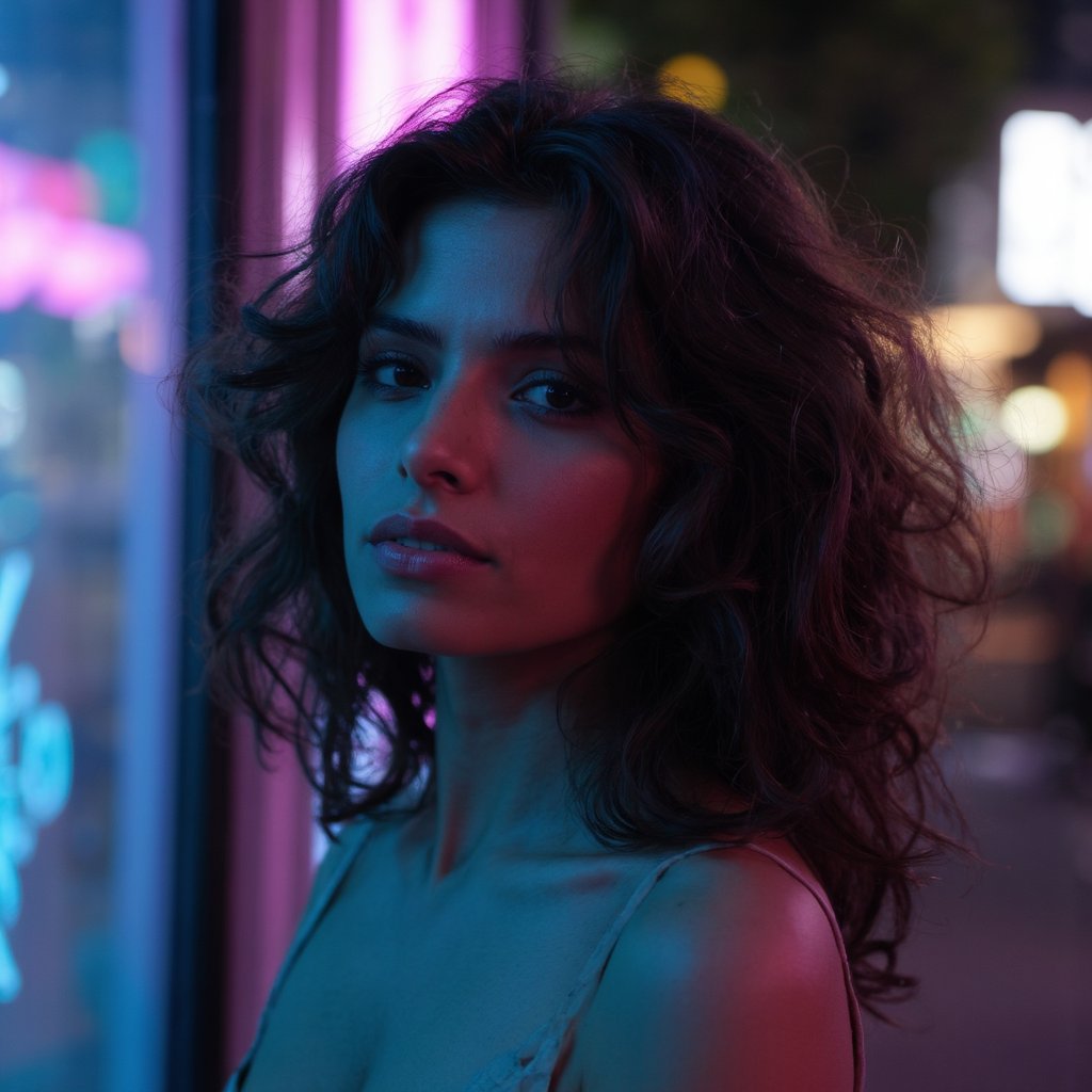 A ultra sharp portrait of sarahshahi with voluminous, curly hair illuminated by neon lights. She wears a sleeveless top and her gaze is directed slightly to the side. The background is blurred, revealing a cityscape with neon lights, creating a bokeh effect. The color palette consists primarily of cool blues and purples, with the neon lights providing a warm, ethereal glow. The image style is contemporary, emphasizing the interplay of light and shadow.