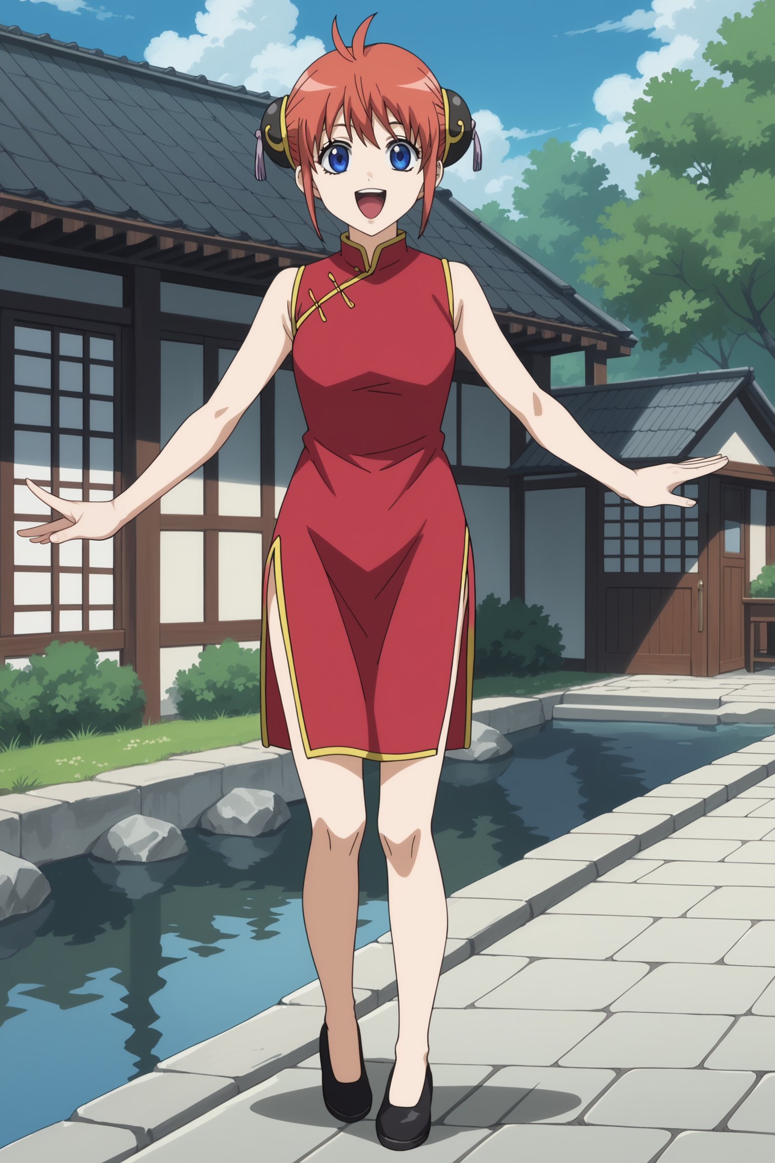 score_9, score_8_up, score_7_up, source_anime, intricate details, anime screencap, best quality, absurd res, ultra detailed, good eyes,perfect eyes, detailed eyes, detailed face, detailed background, perfect lighting,outside, near a river in a town, <lora:Kagura:.8>blue eyes, red hair, Kagura red cheongsam with yellow piping outfit, Chinese clothes, double bun, bun cover, China dress, black shoes, legs exposedcute girl, mouth open, happy girl, looking at the viewer, (full body shot:1.2)