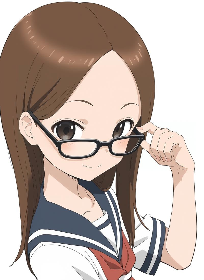 anime screencap, score_9, score_8_up, score_7_up, source_anime BREAK best quality, ((masterpiece)), highly detailed, ultra-detailed, (illustration), (beautiful detailed eyes) BREAK takagi-san, 1girl, solo, long hair, hair behind ear, simple background, white background:1.3 BREAK upper body, black-framed eyewear, glasses, school uniform, white serafuku, short sleeves, blue sailor collar, red neckerchief, adjusting eyewear, looking at viewer, closed mouth, smile  <lora:takagi-san_v1.0:1>