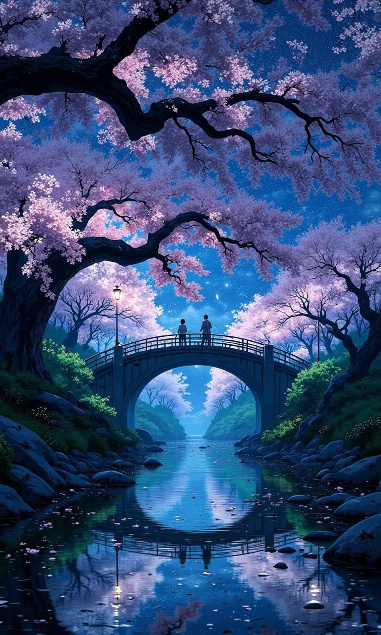 andscape shot with blue hour shot of night shot of two people walk the bridge under a large cherry blossom,  in the style...
