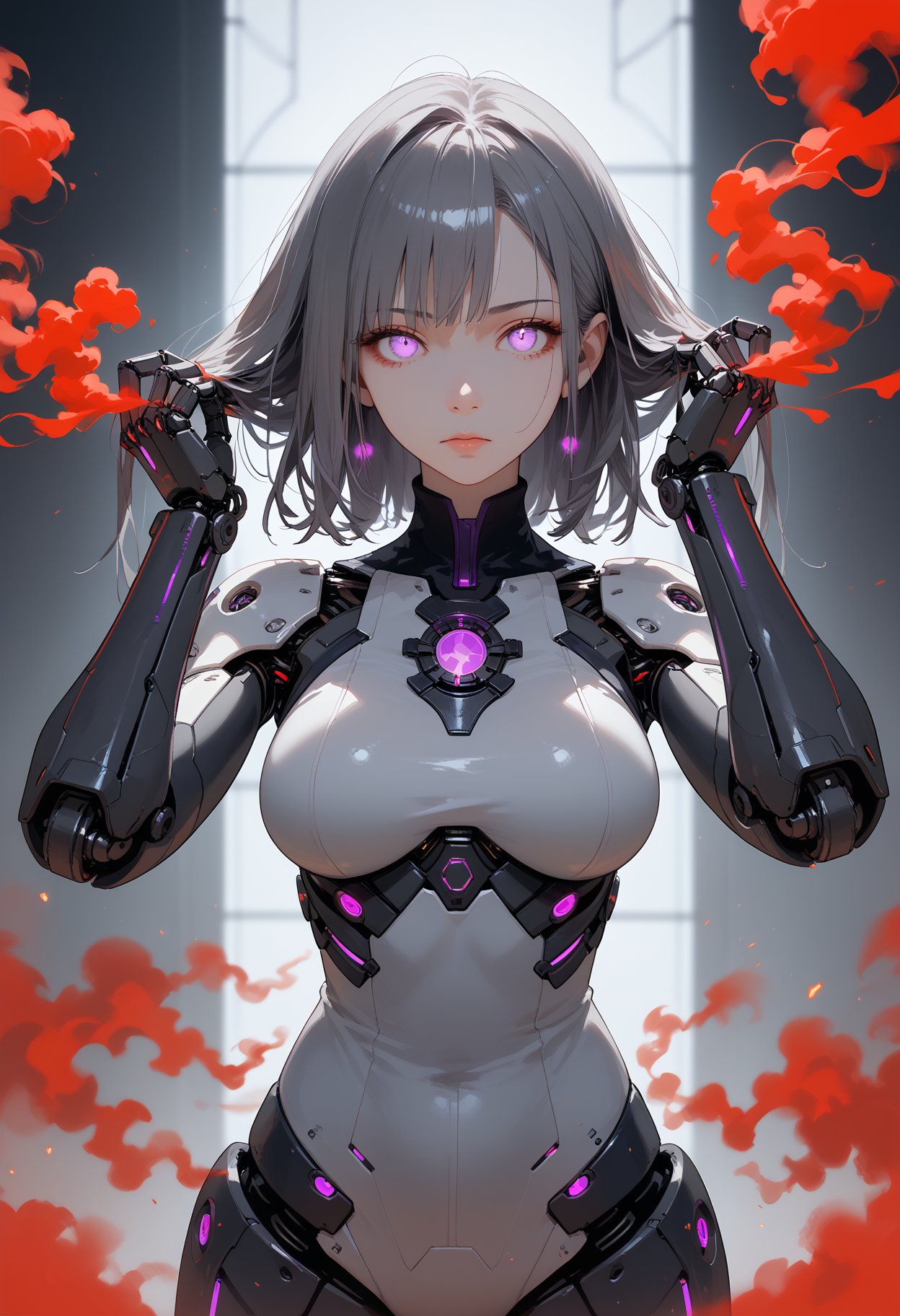 score_9,score_8_up,score_7_up,masterpiece,best quality,8k,1girl,solo,looking at viewer,large_breasts,dark gray hair,medium_hair,semi-mechanical girl,hair exudes a dark purple glow,hair with red smoke,white mist,hands on the hair,grab the hair,pulli,