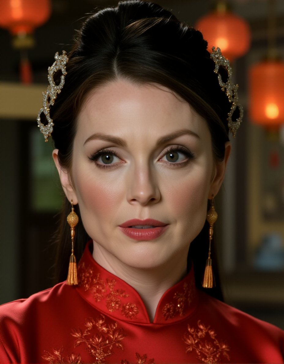 The image is a photograph of a woman with an elegant and refined appearance. She has a fair complexion and is of East Asian descent. Her dark hair is styled in an elaborate updo, adorned with ornate hair accessories featuring intricate designs and possibly gold or silver elements. She is wearing a traditional red dress with intricate embroidery, suggesting a formal or ceremonial occasion. Her makeup is subtle yet sophisticated, with a focus on accentuating her natural features, including well-defined eyebrows, dark eyeliner, and a hint of red lipstick. She is wearing long, dangling earrings that add a touch of elegance to her attire.The background is slightly blurred, suggesting a depth of field effect, but it appears to be a dimly lit room with warm tones, possibly indicating a traditional or historical setting. The blurred background elements include what might be traditional Chinese lanterns or other decorative items, adding to the cultural ambiance of the scene. The overall atmosphere of the photograph is one of grace and sophistication, emphasizing the woman's cultural heritage and traditional attire.,Julianne Moore, <lora:Julianne_Moore_Flux_V1:1>