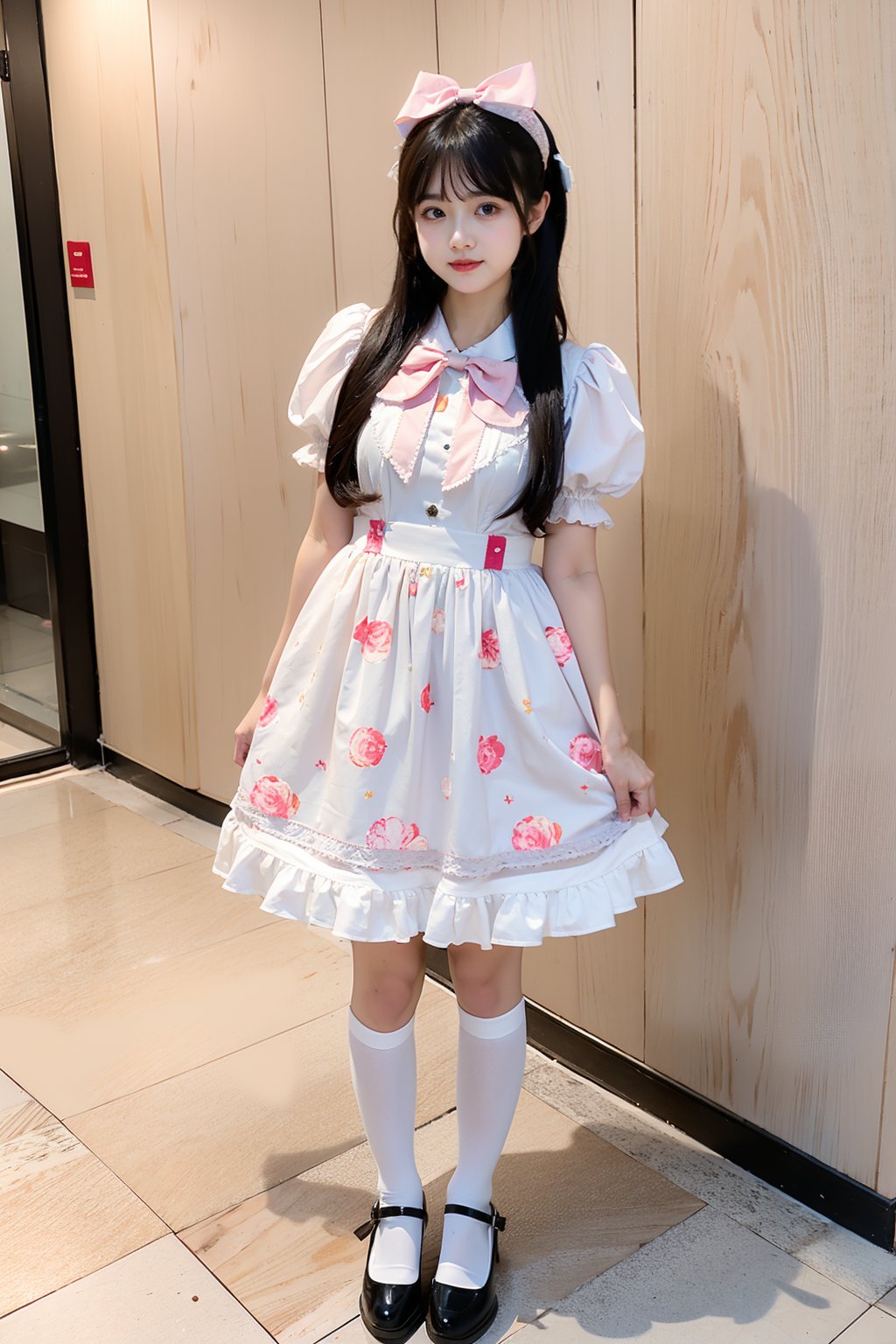 young woman, Asian, Lolita fashion, pastel dress, print dress, ruffles, white blouse, bow headband, long black hair, looking aside, puffed sleeves, knee socks, Mary Jane shoes, holding bag, indoor, light wood paneling, portrait, full body, cute style, soft colors, standing pose, casual elegance, fashion statement, youthful appearance