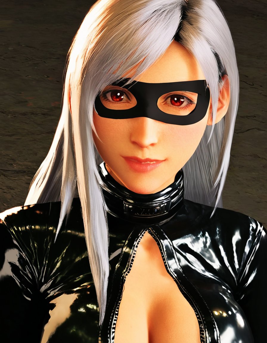 TifaCatsuit, Create a high-resolution digital portrait of a young woman with long silver hair, wearing a sleek black leather catsuit with a front zipper. She has a subtle, adoring expression, and is wearing a black cat eye mask that adds a mysterious vibe. The background is a dark, industrial setting with dim lighting that highlights the glossiness of her outfit. The scene has a cinematic, neo-noir style with soft shadows, emphasizing her features and the texture of her suit, <lora:TifaCatsuit_Kohya_SS_Defalut:1>