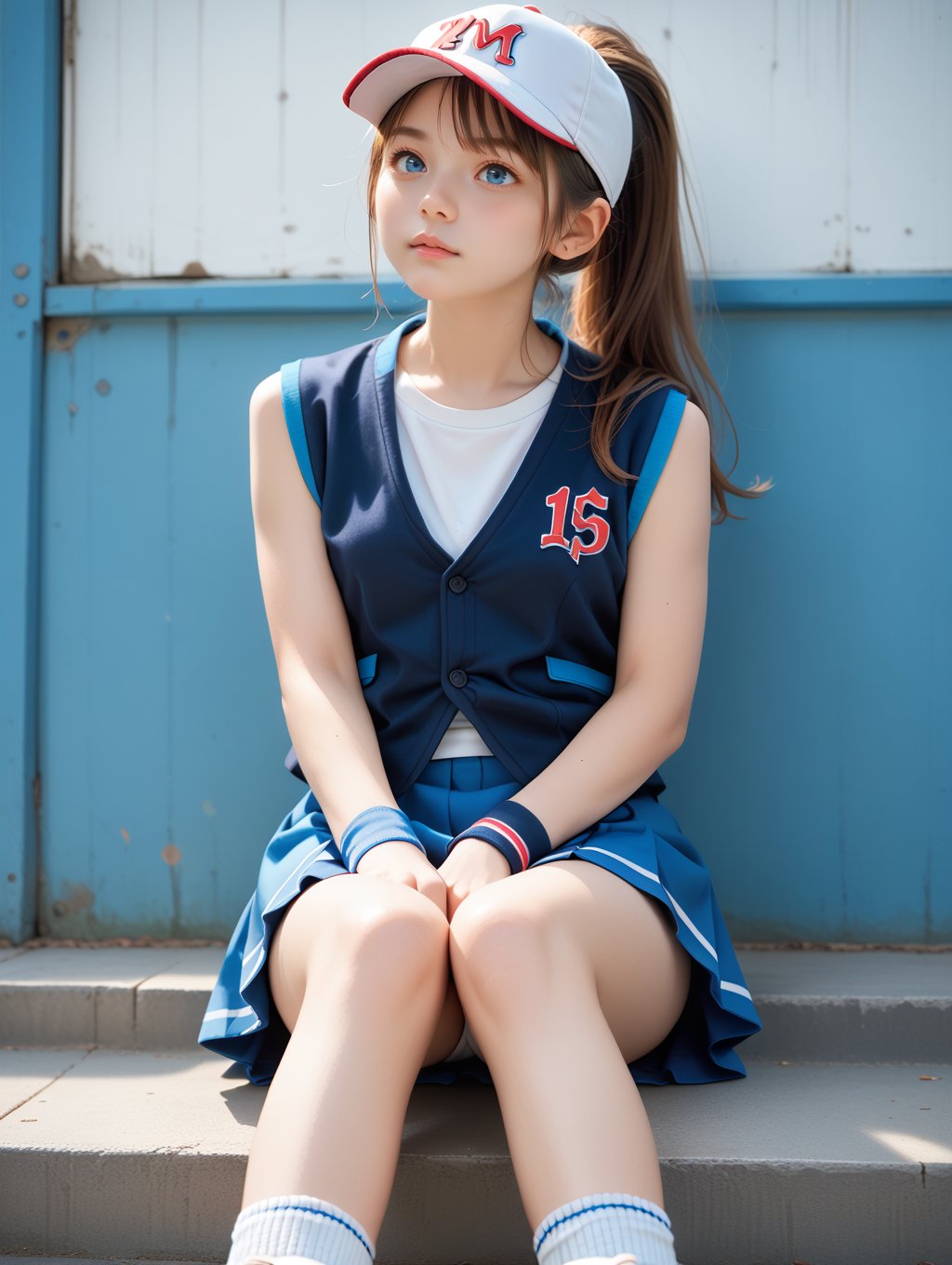 score_9, score_8_up, score_7_up,1girl,blue eyes, brown hair, long hair, ponytail, white baseball cap , baseball cap, blue micro skirt, vest, wristband, sleeveless, upskirt, 