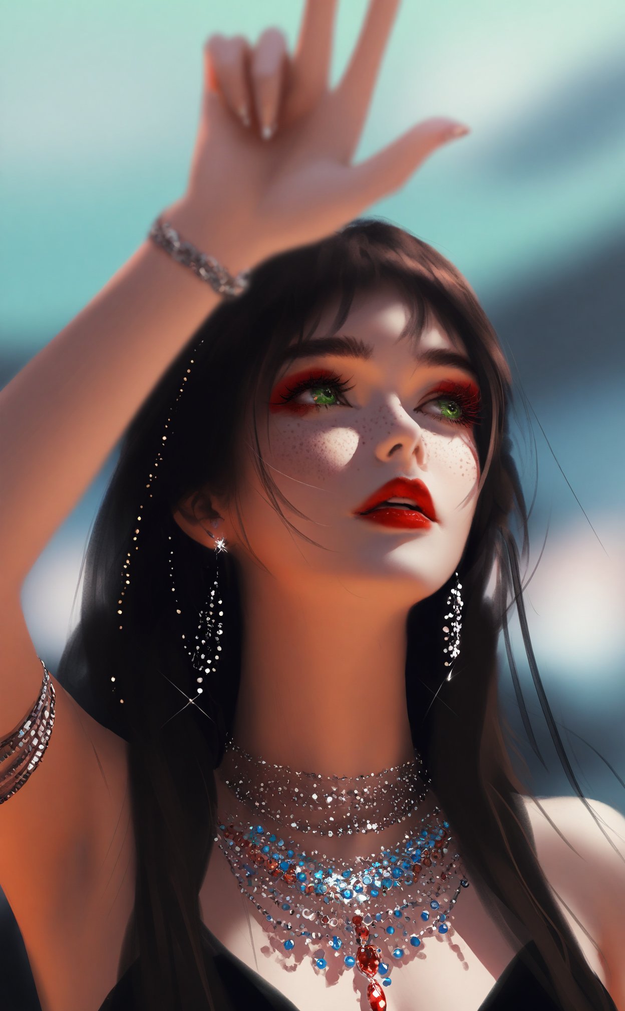 masterpiece,best quality,high quality,artist wlop,1girl,jewelry,solo,earrings,green eyes,blurry,necklace,bracelet,gem,arm up,long hair,beads,brown hair,lips,black hair,red lips,parted lips,blurry background,depth of field,bare shoulders,armlet,looking up,makeup,freckles,portrait,