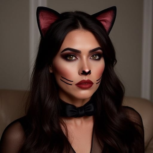 A woman in a Halloween Cat Makeup with a costume including fake Cat Ears