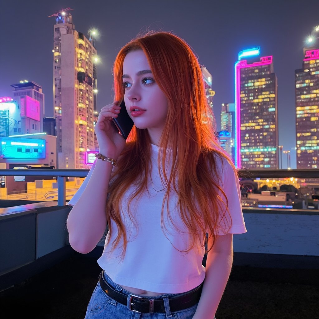 A vivid urban portrait of dasha_taran with striking red hair, captured in a candid moment. She wears a white t-shirt, blue jeans, and a black belt with a silver buckle. She holds a mobile phone to her ear, indicating she is engaged in a conversation. The woman stands on a rooftop, overlooking a cityscape illuminated by neon lights. The background shows skyscrapers with illuminated windows, indicating a bustling city at night. The color palette is dominated by cool blues and purples, contrasted by the warm glow of the neon lights and the cool reds and oranges of her hair.