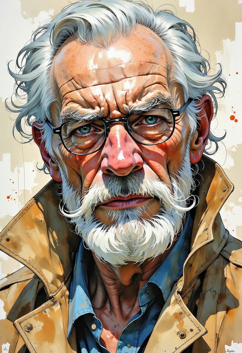 a watercolor painting of a man with glasses and a beard. Expressive lines,  dynamic composition,  cyberpunk old man by Ade...