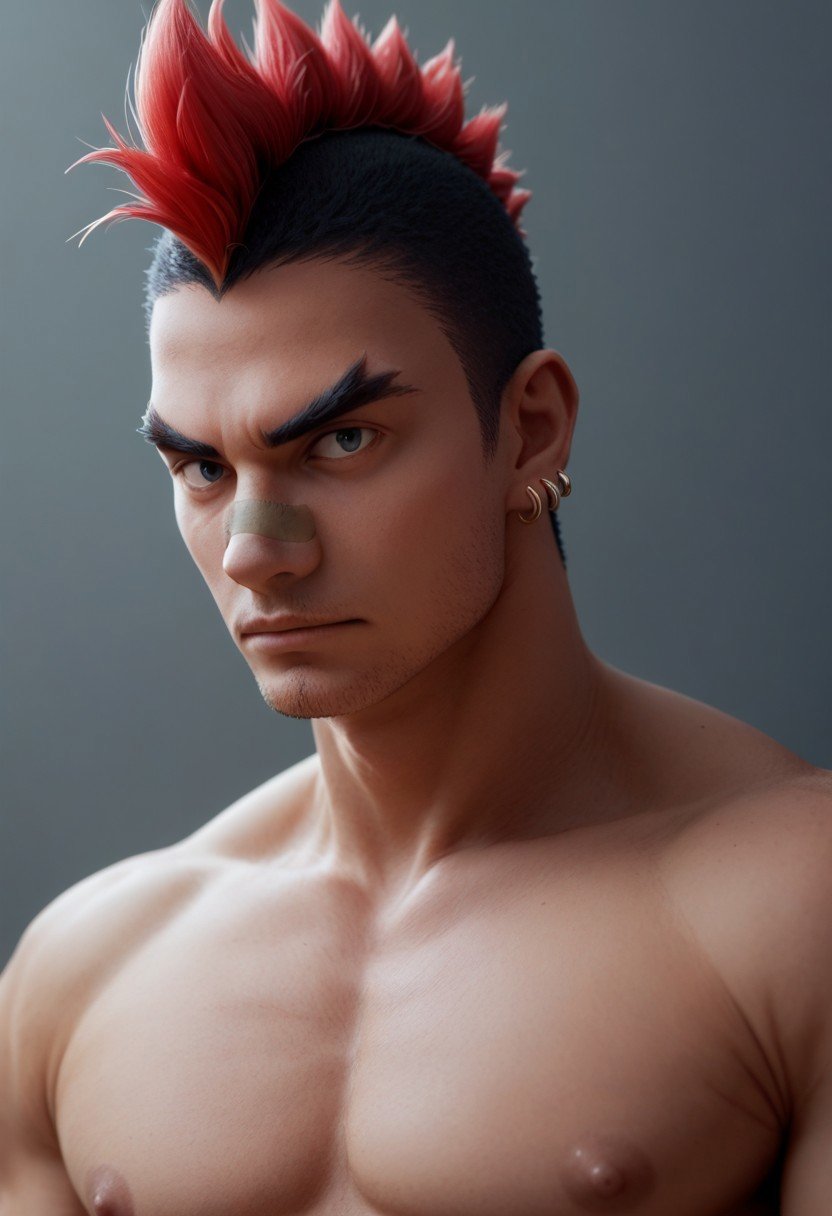 score_9, score_8_up, score_7_up, kinagase_tsumugu, bandaid on nose, red mohawk, earrings, forked eyebrows, shirtless, stubble, portrait,