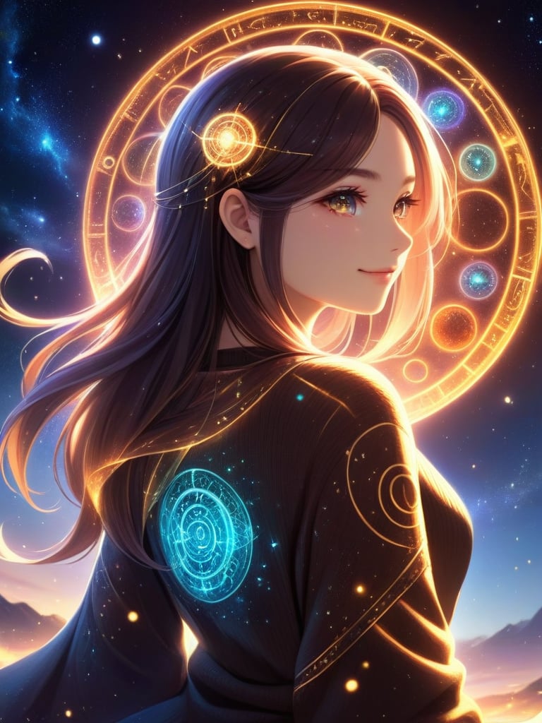 score_9,score_8_up,score_7_up,(closeup on face), view from behind,glowing tattoo, looking over shoulder, (Solo), a beautiful girl, smile, happy, long hair, oversized sweater,magical ribbons, magical scarf, golden accents, hair bow,Detailed face, Detailed eyes, detailed facevery aesthetic, intricate details,magic circles, magic array, back light, light particles, glowing rings, glowing hair, runes on clothing, ancient runes, interlinking rings,abstract, beautiful, Expressive,Destroyed moon, view of the sky, nighttime, stars, zodiac signs,