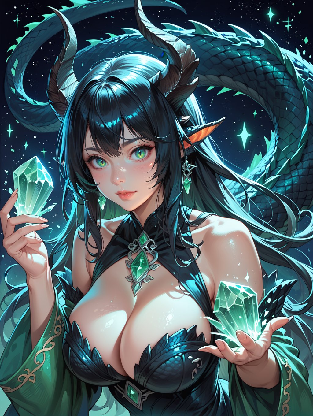 score_9, score_8_up, score_7_up, 1girl, long hair, large breasts, cleavage, dragon girl, crystal dragon girl, black dragon tail, black dragon scales, black dragon horns, glowing runes, magic,cute face, Glowing Runes,starry night, detailed background, dark background, ,green crystals,full body