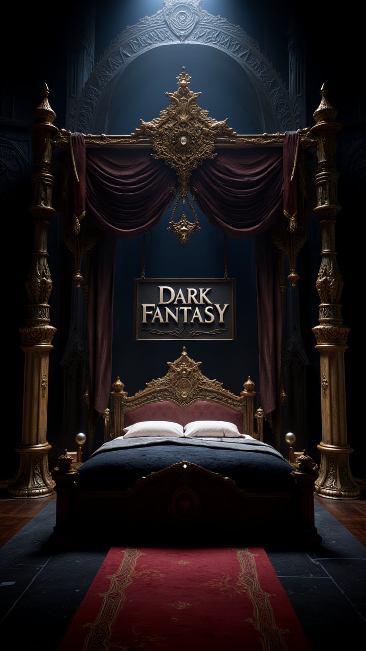 a huge sign with Text:"Dark Fantasy", aidmaDarkfantasy,     scene This is a CGI-rendered scene depicting an opulent, dimly lit room with a lavish, ornate bed at its center. The bed, covered in a dark, richly textured fabric, has a canopy supported by ornate, golden columns. The bed's headboard is adorned with intricate carvings and a golden motif.