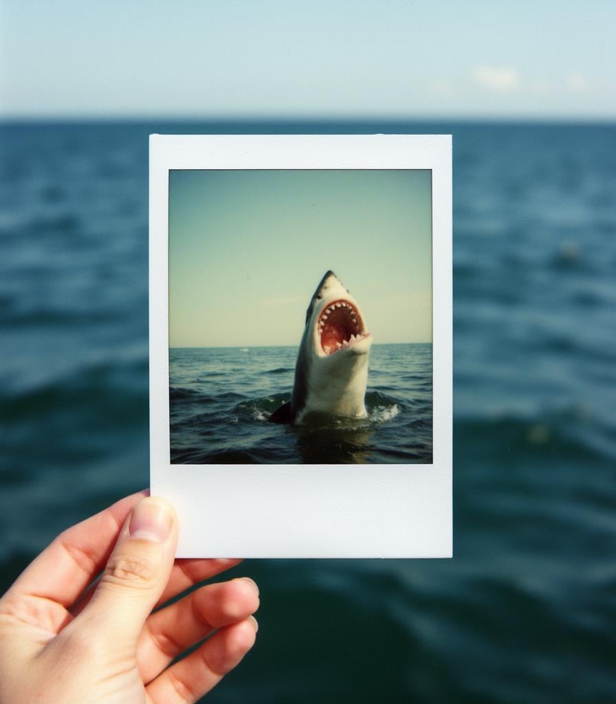 A hand holds a distressed and faded Polaroid photo of a great white shark breaching.  The hand holds the photo over the water as a backdrop. <lora:Polaroid_Flux:1.0><lora:ComfyUI_30632_:0>