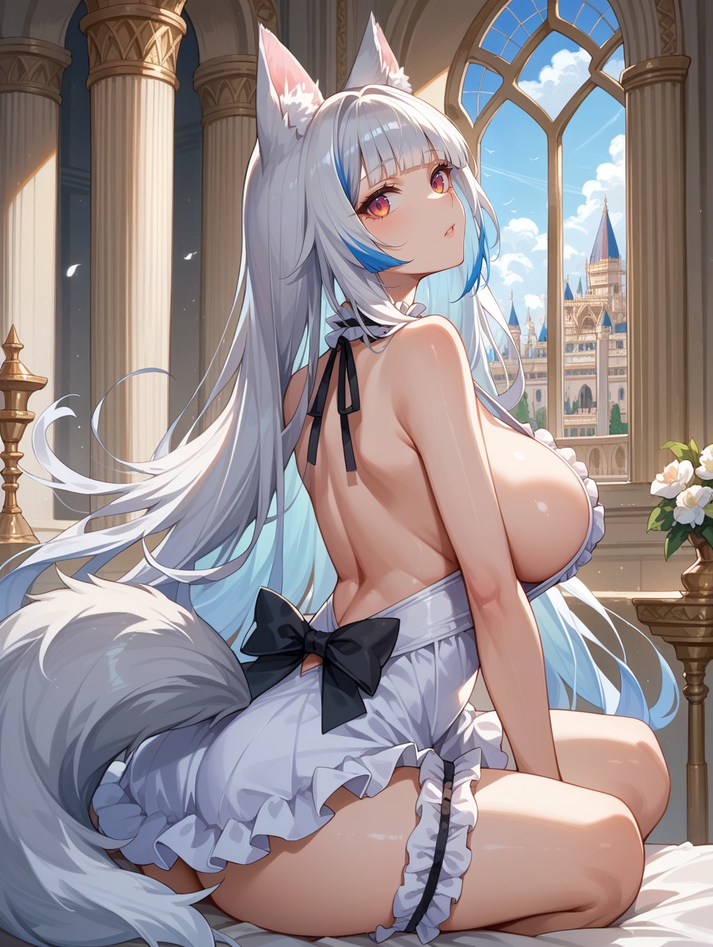 score_9, score_8_up, score_7_up, source_anime, 1girl, silver hair, multicolored hair, hime cut hair, very long hair, large breast,wolf tail, wolf ears,bottomless,sideboob,frills,halter neck,black ribbon,bridal garter,palace, indoors, 