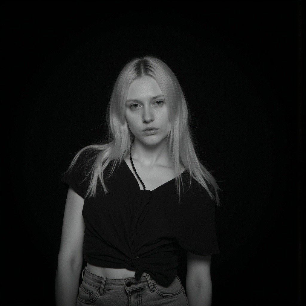 infrared photo of a beautiful young woman with an all black background by loraonlyguy on Tensor.Art