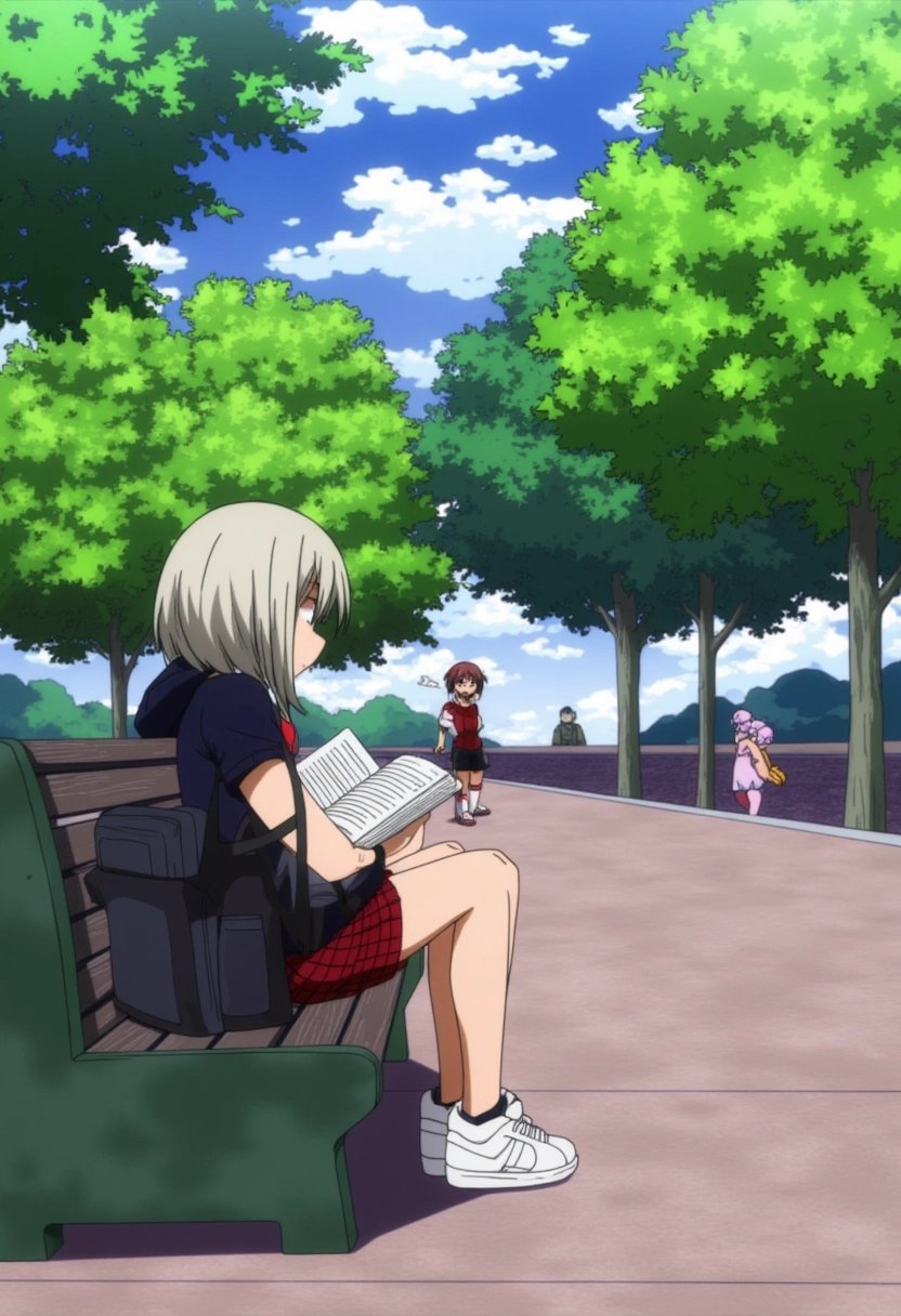 A woman in her 20s dressed in casual streetwear, sitting on a bench in a park, reading a book. The park is peaceful, with lush trees and sunlight peeking through the leaves, while people walk their dogs and enjoy the fresh air in the background. boku_no_hero_academia_style