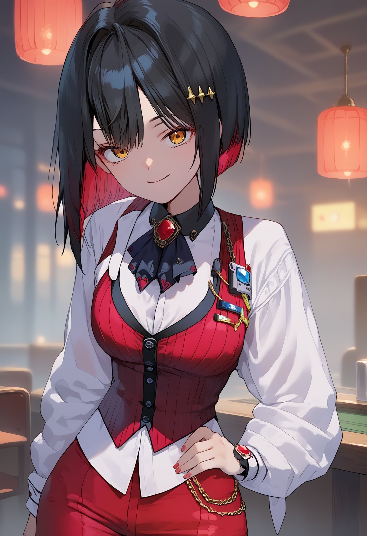 score_9, score_8_up, score_7_up, source_anime, BREAK1girl, solo,<lora:nikkeRougeV1-000010:1>, shirogue, black hair, colored inner hair, yellow eyes, short hair, hairclip, bob cut, ascot, brooch, red vest, red pants, looking at viewer, smile, 