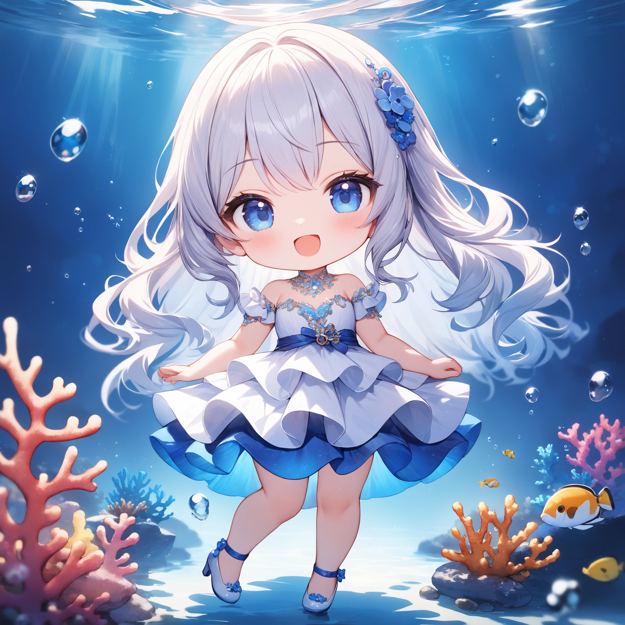 Full body shot. A cute girl. Chibi. Solo. :D. Elegant pose. Looking at viewer. Dark-blue eyes. White hair. Wavy hair. Long hair. White layered dress. Pumps. No background. White background. Deep ocean. Air bubble. Coral Reef. Cute style. Deformed. Intricate details. Extremely detailed. Outstanding intricacies. (Masterpiece:1.2).  Mood: Serene atmosphere.