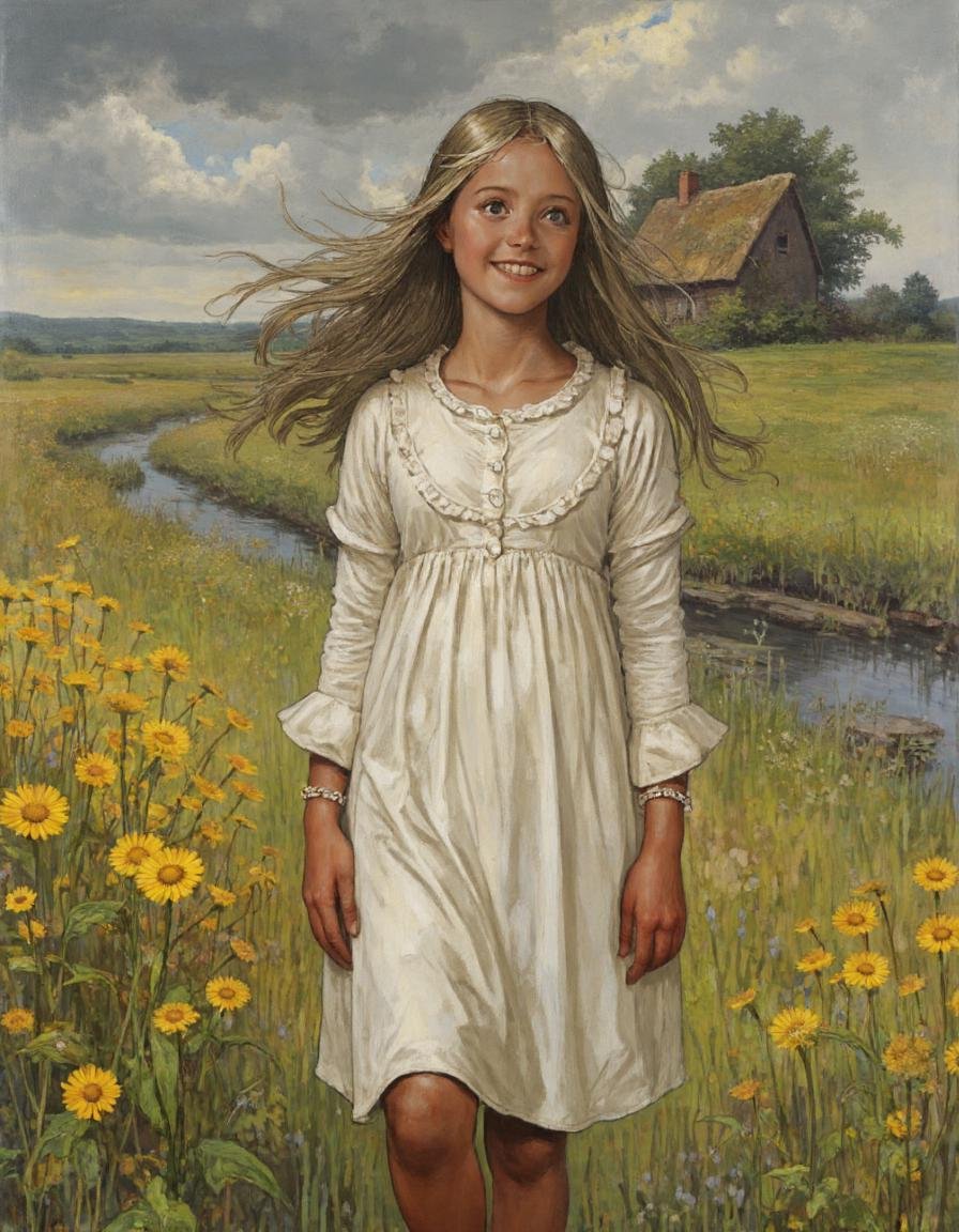 The image is a painting of a young girl standing in a field of wildflowers. She is wearing a white dress with a ruffled co...
