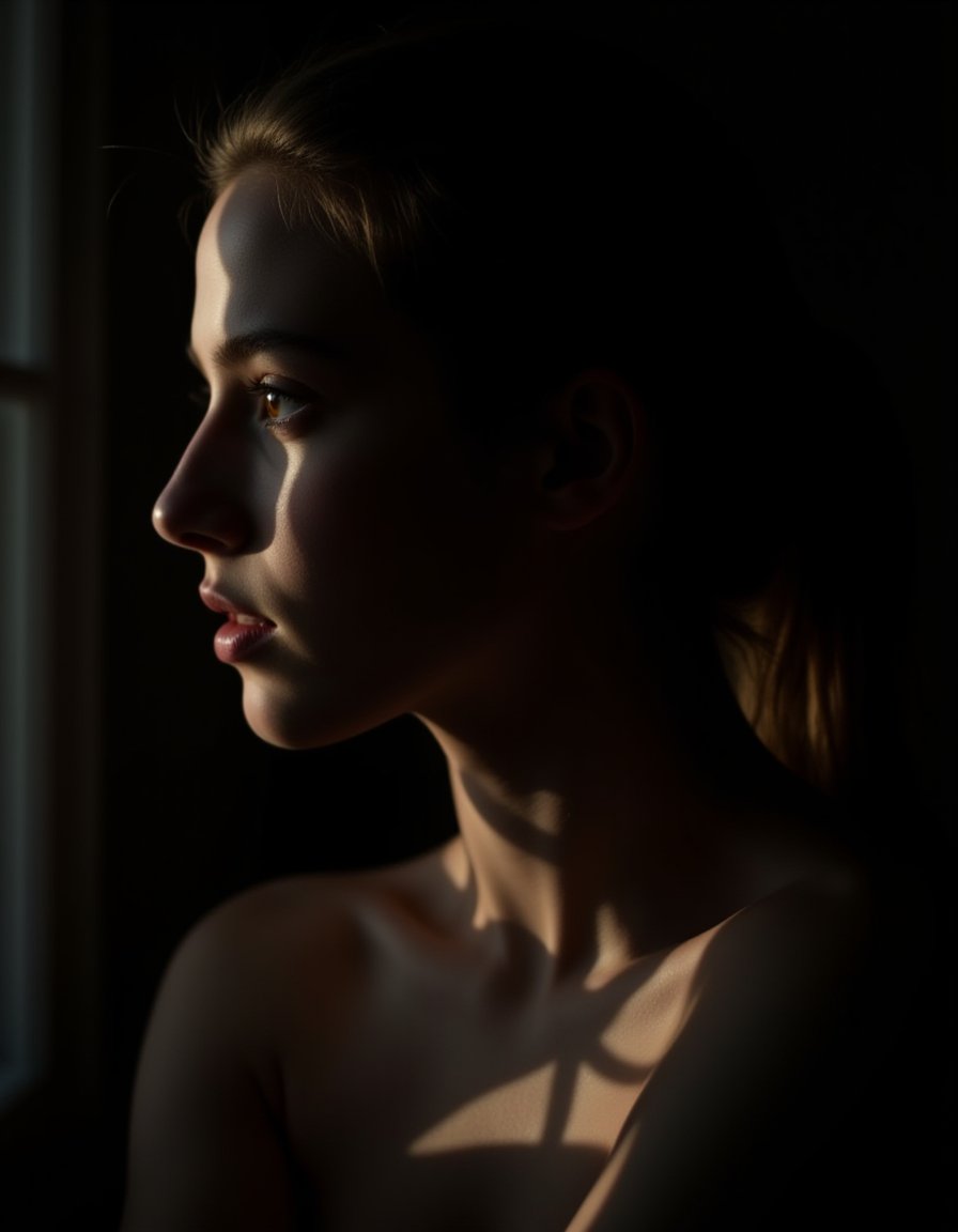 ((beautiful 18 year old western girl)),Canon lens,Gauss blur,A side profile of a person,captured in a dramatic,low-key style. The subject is illuminated from the left,casting a soft glow on their face and neck,which contrasts sharply with the subject's light and shadow,creating a sense of depth and dimension. The person's hair is pulled back,allowing a clear view of their facial features and the texture of their skin. The overall mood of the image is introspective and serene,with the play of light and dark adding to the dramatic effect.,from_above,