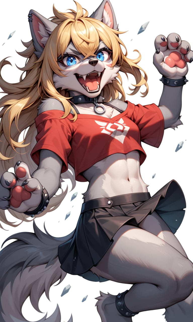 score_9, score_8_up, score_7_up, score_6_up, source_furry,BREAK,(detailed face eyes and fur:1.2), wolf furry girl,blonde,long hair,looking at viewer,crossed bangs,blue eyes,high detail eyes, black skirt, crop-top off-shoulder (red shirt:1.2), (high detail grey fur:1.2),punk collar, fur paws, white background, (dynamic angle, dynamic pose:1.2), floating hair, open mouth, fangs