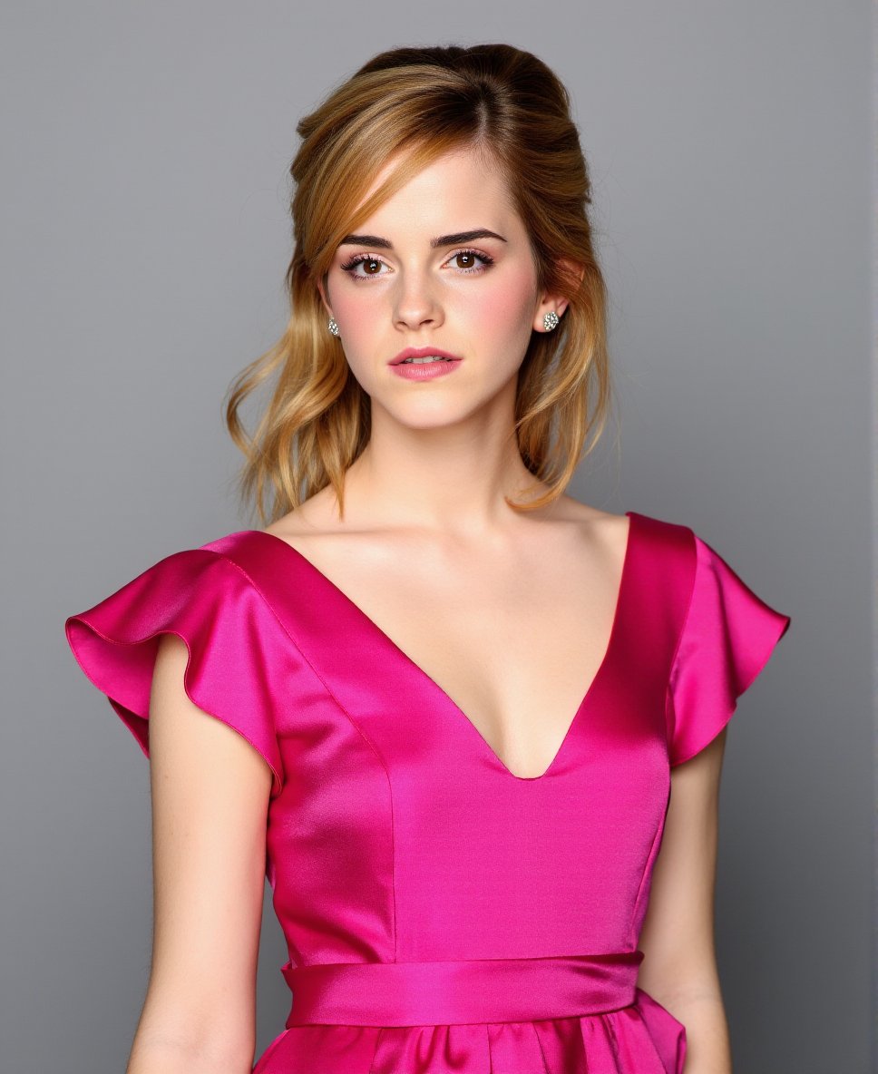 This is a high-resolution photograph of a young woman with light skin and light brown hair styled in an elegant updo with loose curls cascading down one side. She wears a vibrant pink satin dress with a deep V-neckline and ruffled cap sleeves, giving her outfit a sophisticated and feminine look. The dress has a smooth, glossy texture, reflecting light softly. Her makeup is natural, with a soft pink blush and subtle eye makeup, enhancing her light brown eyes. She is wearing small, silver hoop earrings that add a touch of glamour. The background is a plain, gradient gray, which keeps the focus on the subject. The lighting is even, highlighting her features and the details of her dress. The overall mood of the photograph is elegant and serene, capturing a moment of quiet contemplation. The image exudes a sense of sophistication and grace, likely intended for a formal occasion or a high-fashion setting..,Emma Watson, <lora:Emma_Watson_Flux_V1-000001:1>