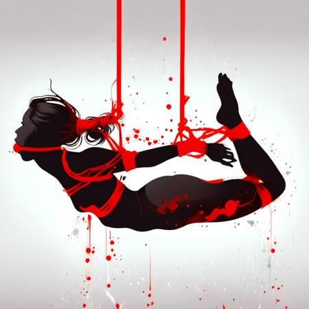 score_9, score_8_up, score_7_up, beautiful woman, hogtied into a circle, bound thighs, bound ankles, bound shoulders, bound wrists, from side, red rope, arched back into a circle, (simple background, plain white background), black silhouette, ball gag, red gag, bound hair, feet linked to hair, suspension, flat color, round ass