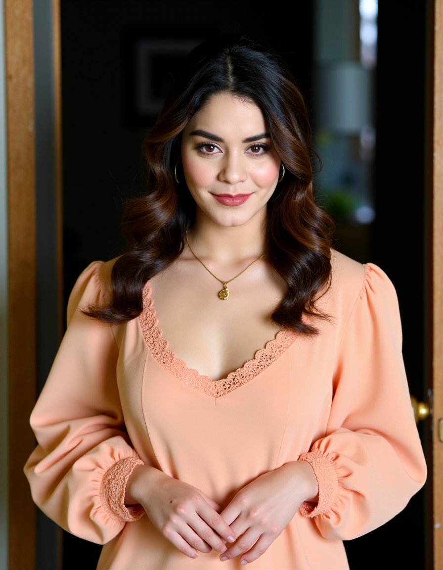 This is a photograph of a woman standing in front of a door. She has a fair complexion and long, dark, wavy hair that cascades past her shoulders. Her facial features are delicate, with a slight smile and light makeup accentuating her natural beauty. She is wearing a vintage-style, peach-colored dress with a V-neck and long, puffy sleeves adorned with intricate lace detailing around the cuffs and neckline. The dress appears to be made of a soft, flowing fabric, adding to its vintage charm. She accessorizes with small, gold hoop earrings and a delicate gold necklace with a small pendant, which rests just above her cleavage. Her hands are gently folded in front of her, with her fingers lightly touching each other. The background reveals a part of a wooden door, painted in a dark color, with a brass handle. The door opens to a dimly lit interior with soft, muted colors, suggesting an old-fashioned, possibly historical setting. The overall atmosphere of the photograph is warm and inviting, with a sense of nostalgia and elegance.,Vanessa_Hudgens, <lora:Vanessa_Hudgens_Flux_V1:1>