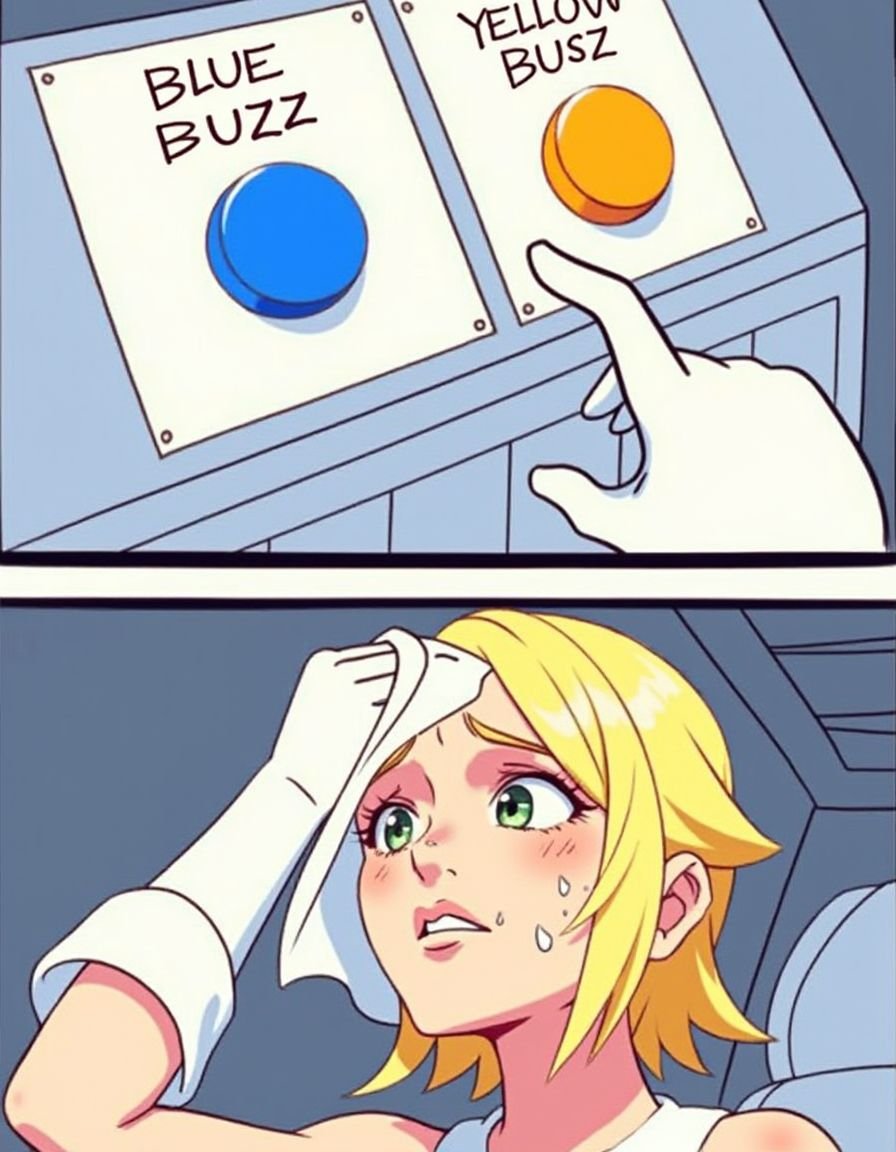 In twobuttonsmeme style.two buttons,  "Blue Buzz" label above the blue button,  "Yellow Buzz" label above the yellow butto...
