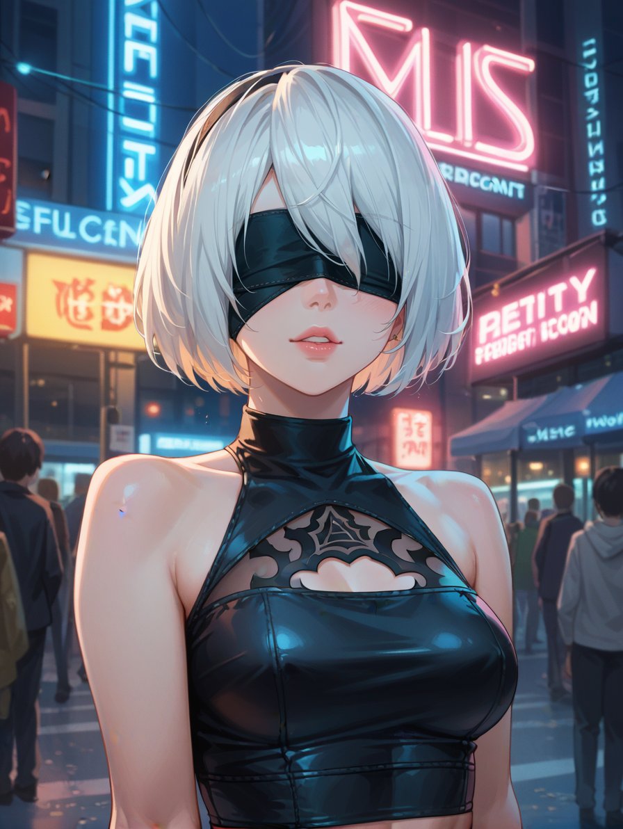 score_9, score_8_up, score_7_up,source_anime,Under the neon lights of a bustling city district, 2B from "NieR: Automata" engages in a philosophical conversation with a companion. Her sleek, black attire and blindfold add to her mystique, making her an alluring enigma in a world pondering existential questions.