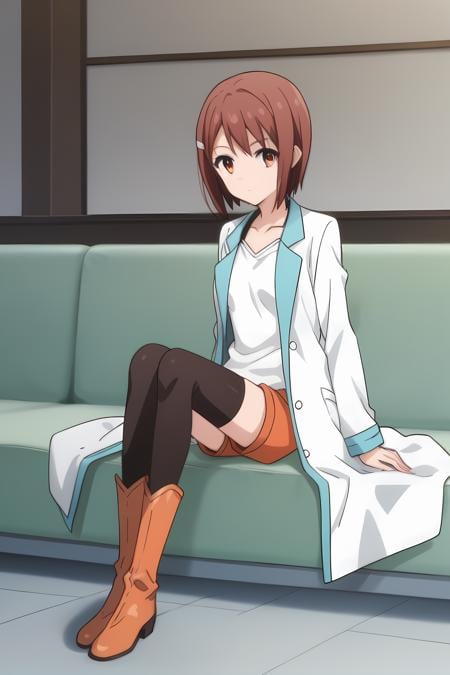 white coat white shirt orange shorts black thighhighs orange knee boots, mt-you, medium breasts, 1girl, solo, skinny, masterpiece, high quality, (full body|sitting|standing|lying), indoors, , score_9, score_8_up, score_7_up, source_anime, anime, anime style <lora:mt-you-V01-000003:0.70>