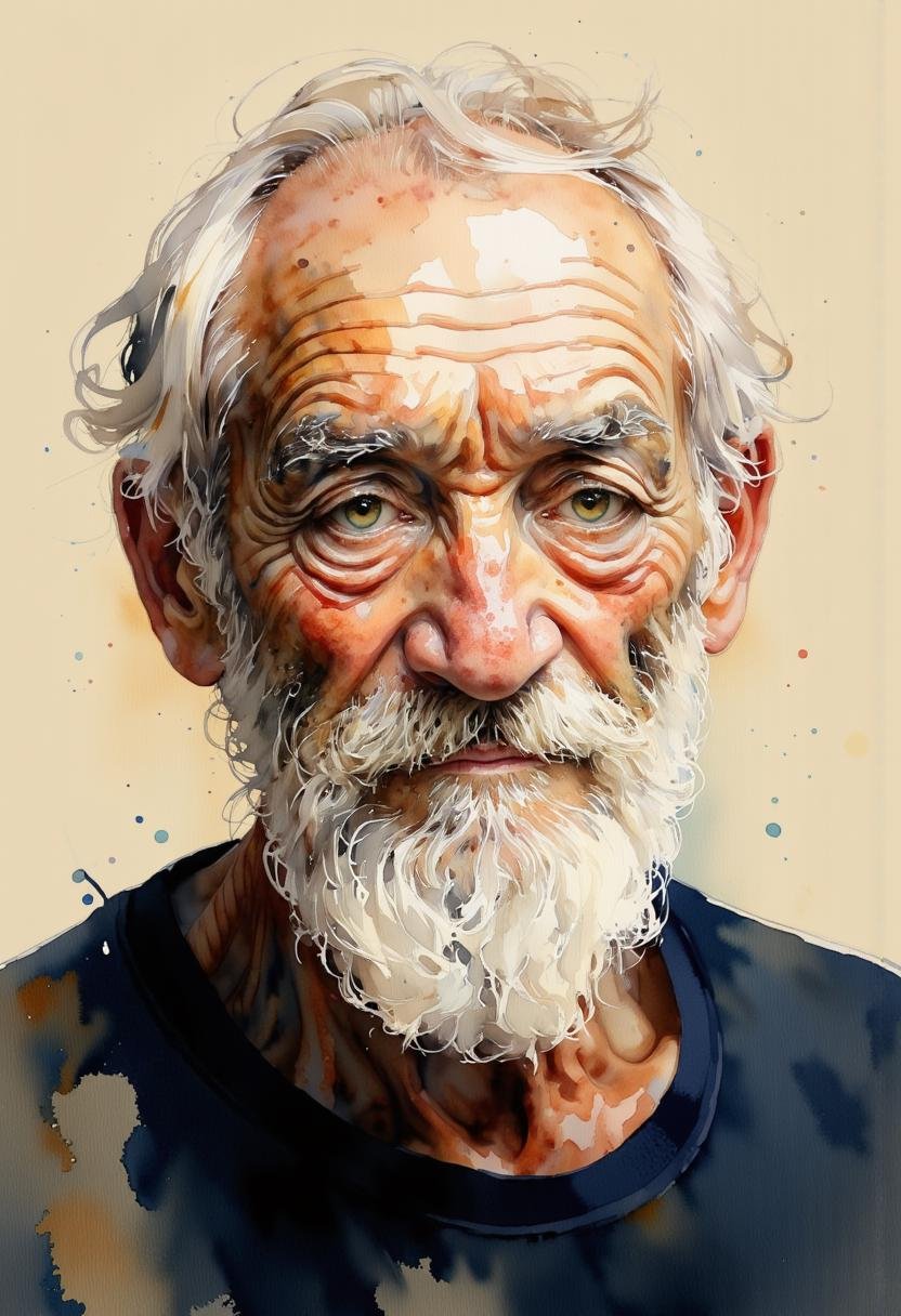 A watercolor painting portrait of an elderly man with a white beard and mustache. He has a serious expression on his face...