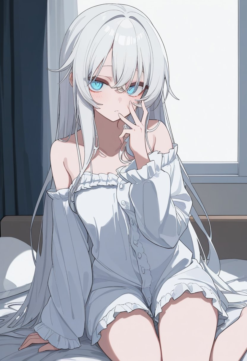 1girl,solo,cowboy shot,sleepwear,long hair,(white skin:0.4),white hair,(empty eyes:0.5),blue eyes,looking at viewer,indoor,newest,highres,absurdres,highly detailed,best quality,