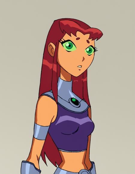 <lora:StarfireTTPony:1> StarfireTT, solo, orange skin, red hair, long hair, green sclera, green eyes, gorget, 1girl, midriff, crop top, upper body, breasts, parted lips, armlet, score_9, score_8_up, score_7_up, score_6_up, score_5_up, score_4_up cowboy shot,