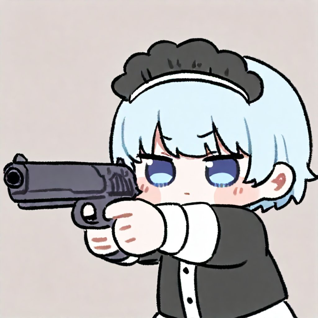 <lora:oldstore:0.8>,masterpiece,best quality,,,chibi, ,1girl,solo,,,,maid,, ,light blue hair,,short hair,,, maid headdress, black headwear,,light blue eyes , ,,,,, simple background, meme,weapon, gun, holding_weapon, aiming, holding_gun, aiming_at_viewer, holding, , handgun,