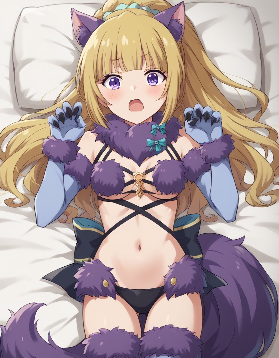 score_9, score_8_up, score_7_up, source_anime, keikaruizawa, <lora:kei-karuizawa-anime-s2-ponyxl-lora-nochekaiser:1>, kei karuizawa, long hair, bangs, blunt bangs, purple eyes, blonde hair, hair ornament, ponytail, scrunchie, blue scrunchie,, <lora:mash-kyrielight-halloween-costume-ponyxl-lora-nochekaiser:1>, mash kyrielight halloween costume, mash kyrielight \(dangerous beast\) \(cosplay\), fur-trimmed legwear, purple tail, fur bikini, fur-trimmed gloves, purple glves, revealing clothes, fur collar, purple thighhighs, wolf tail, wolf ears, o-ring top,, bed, on bed, on back, open mouth, blush, <lora:paw-pose-ponyxl-lora-nochekaiser:1>, paw pose,, cowboy shot, dutch angle, solo,