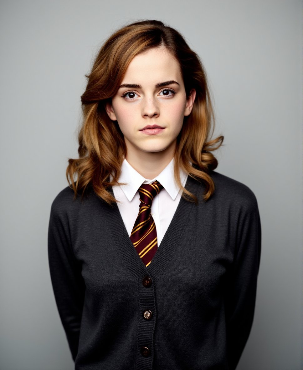 The image is a high-resolution photograph of a young woman with light brown, wavy hair styled in loose curls. She has fair skin and a serious expression, gazing directly at the camera with a neutral, almost solemn, facial expression. She is dressed in a school uniform, which includes a dark gray cardigan with a V-neck, buttoned down the front. Beneath the cardigan, she wears a white collared shirt with a maroon and gold striped tie. The tie is loosely knotted, adding a casual yet formal touch to her attire. The background is a plain, light gray, which keeps the focus on the subject. The lighting is soft and even, highlighting her face and the textures of her clothing. The photograph captures a sense of maturity and responsibility, likely indicative of a school setting. The overall mood is serious and introspective, with the young woman's expression suggesting a thoughtful or contemplative state of mind. The image is a clear, sharp photograph, with no visible digital enhancements or filters. ,Emma Watson, <lora:Emma_Watson_Flux_V1-000001:1>