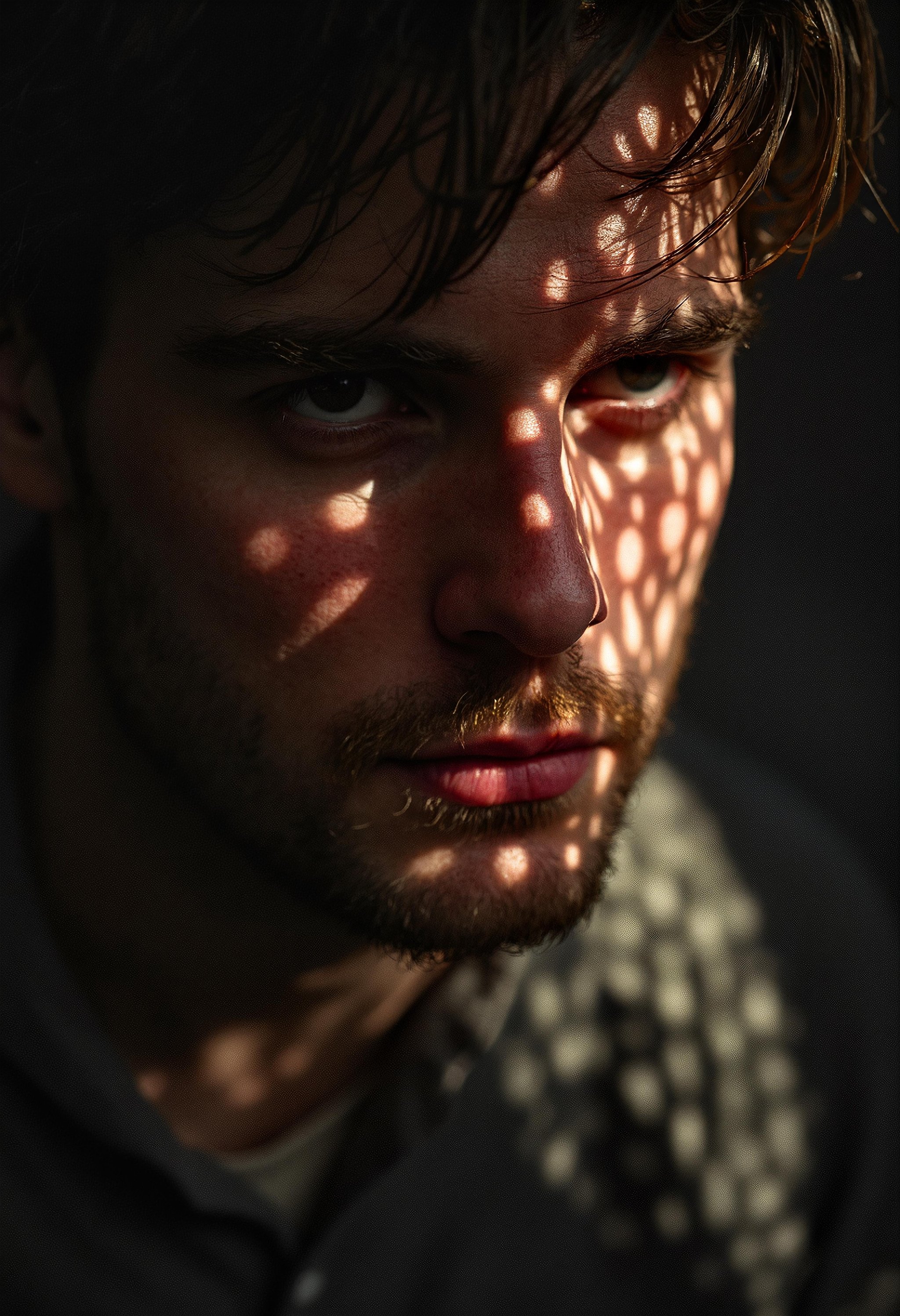 A close-up of a male, intense film burns. The face is entirely covered in a detailed light pattern. The composition focuses on the interplay of light and shadow, with the face's features hidden yet hinted at through the abstract patterns. Grainy, grain, film grain, candid, high contrast, film burn, analog texture, partial silhouette, Chiaroscuro, off-centered, asymmetrical, highlight bloom, filmic glow, blown-out highlights, moody, herbstphoto, herbst photo. <lora:Herbst_Photo_Extra_Texture-0000020:2.0> <lora:realism_lora:1.0><lora:Herbst Photo Lora Test_00532_:0>