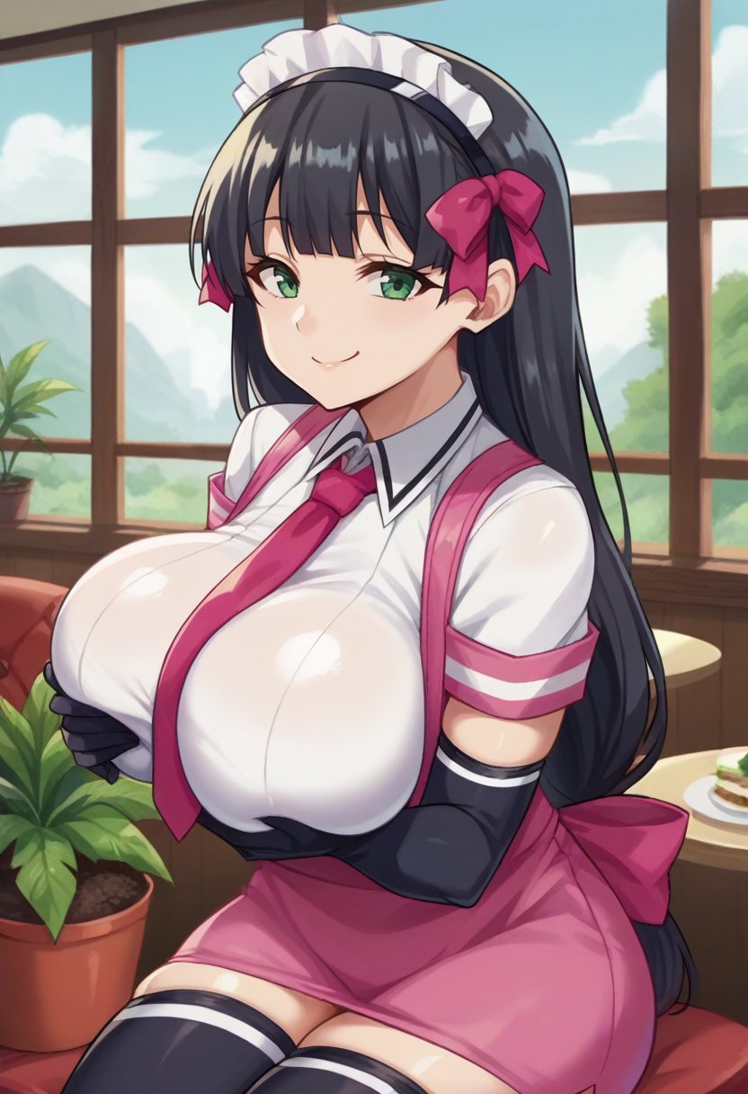 solo, <lora:maidAkiha-09:1> maidakiha, blackhair, long hair, low-tied long hair, blunt bangs, green eyes, large breasts, voluptuous, pink ribbon, hair ribbon, maid headdress, white shirt, pink suspenders, elbow gloves, black gloves, miniskirt, pink skirt, pink necktie, pink apron, between breasts, black thighhighs, skindentation, (looking at viewer, smile, smug, naughty face),(breasts squeezed together, grabbing own breast), (scenery, plant, food, window, potted plant, indoors, cafe, restaurant), 16k, masterpiece, absurdes, highly detailed, highres, high quality, best quality, score_9, score_8_up, score_7_up, score_6_up, source_anime, anime screencap, anime colouring, cel shading, shiny, shiny skin, shiny hair, looking at viewer, portrait, upper body